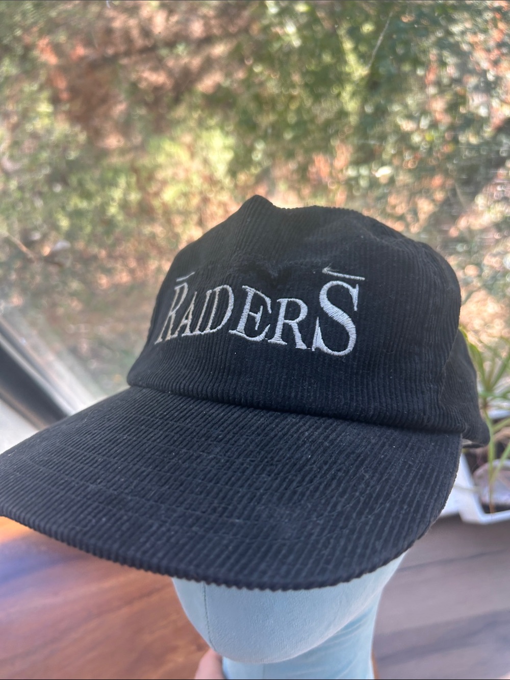 NFL Raiders Vintage Rare Black Corduroy  Cap with White Raiders Embroidery !!